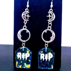 Gothic Blue Gravestone RIP Crescent Moon Earrings